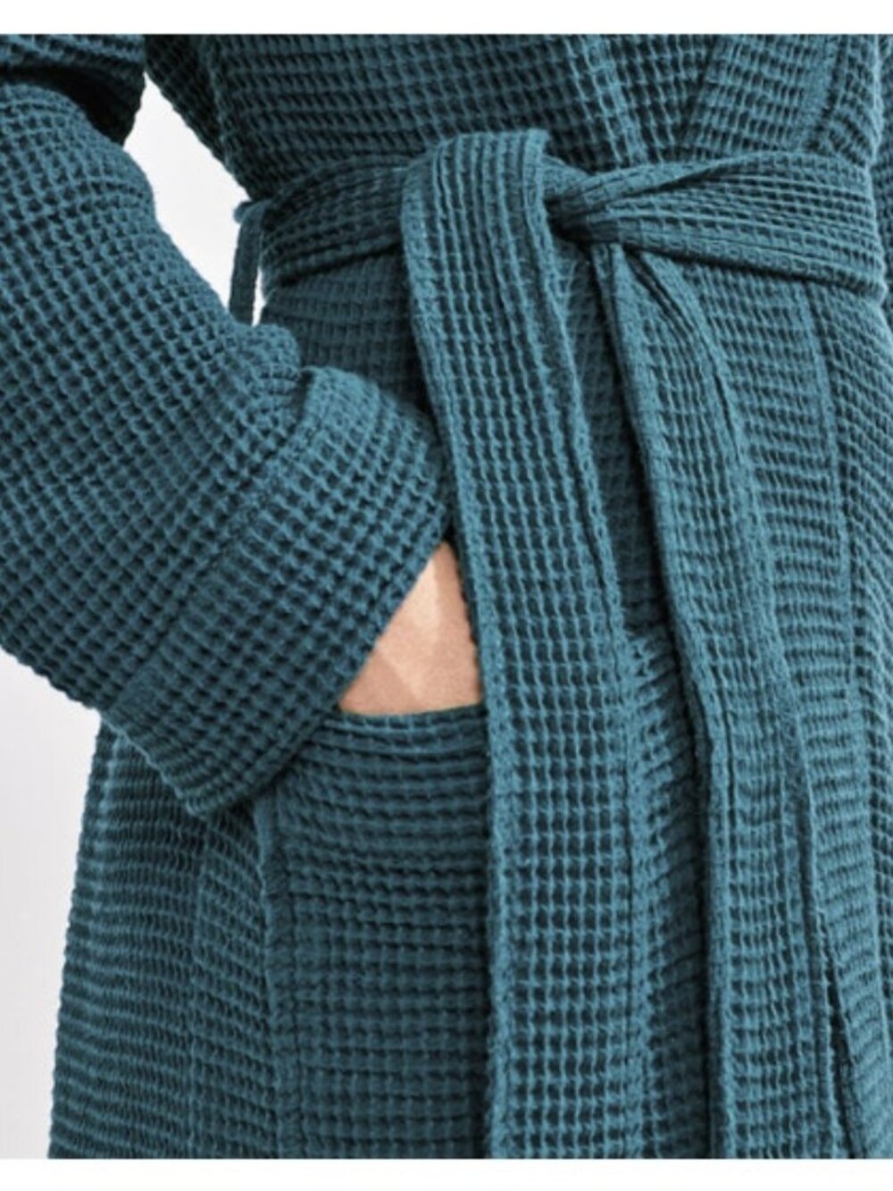 Coyuchi Robe Sz M/L Waffle Green Organic Cotton Lounge Cozy Spa Monogrammed "M"